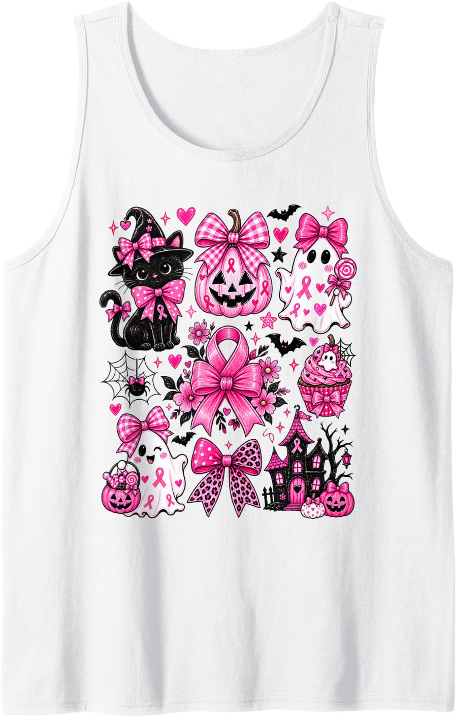 Spooky Season Pink Ribbon Ghost Halloween Breast Cancer Tank Top - White