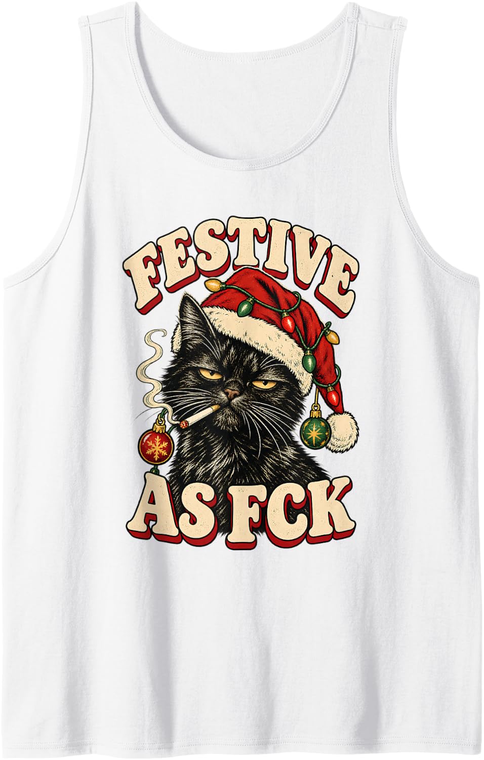 Retro Funny Black Cat Smoking Festive As FCK Sleeveless Tank Top - White