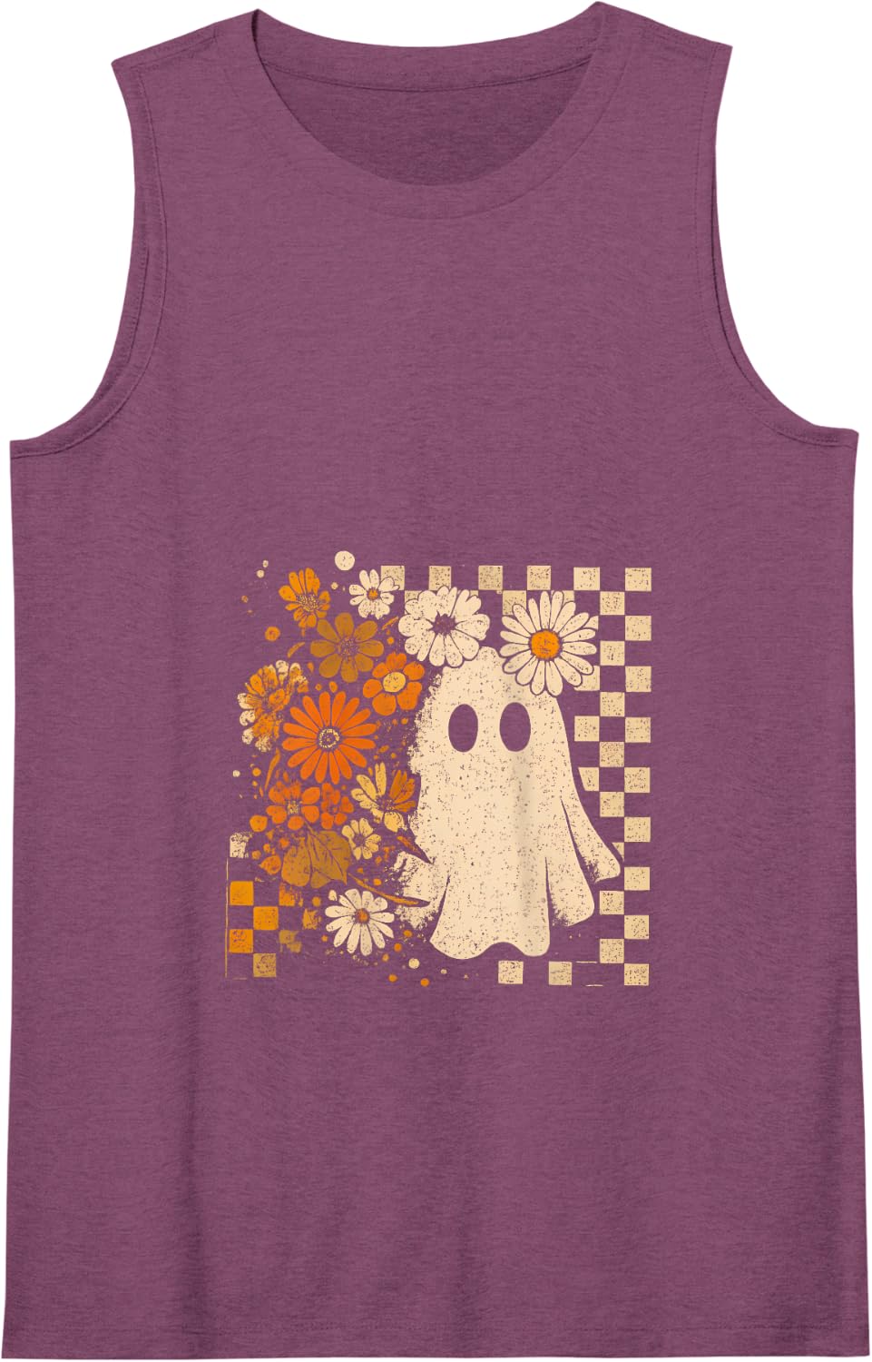 Floral Ghost Checkered, Cute Spooky Halloween Ghost Tank Top - Purple