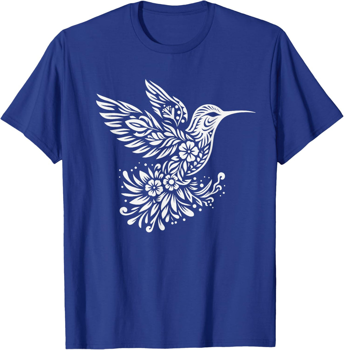 Floral Hummingbird Flower Graphic Bird Art Design T-Shirt - Royal Blue