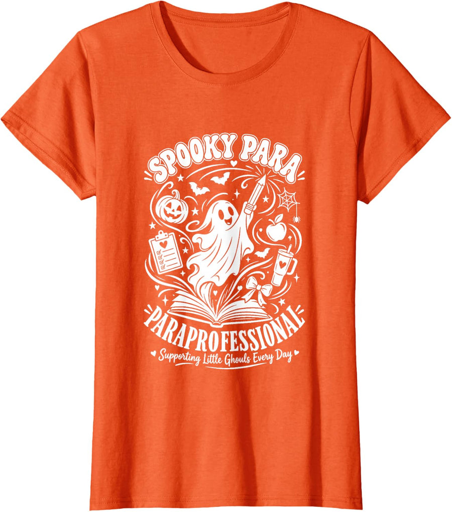 Spooky para Teacher Aide Ghost Paraprofessional Halloween T-Shirt - Orange