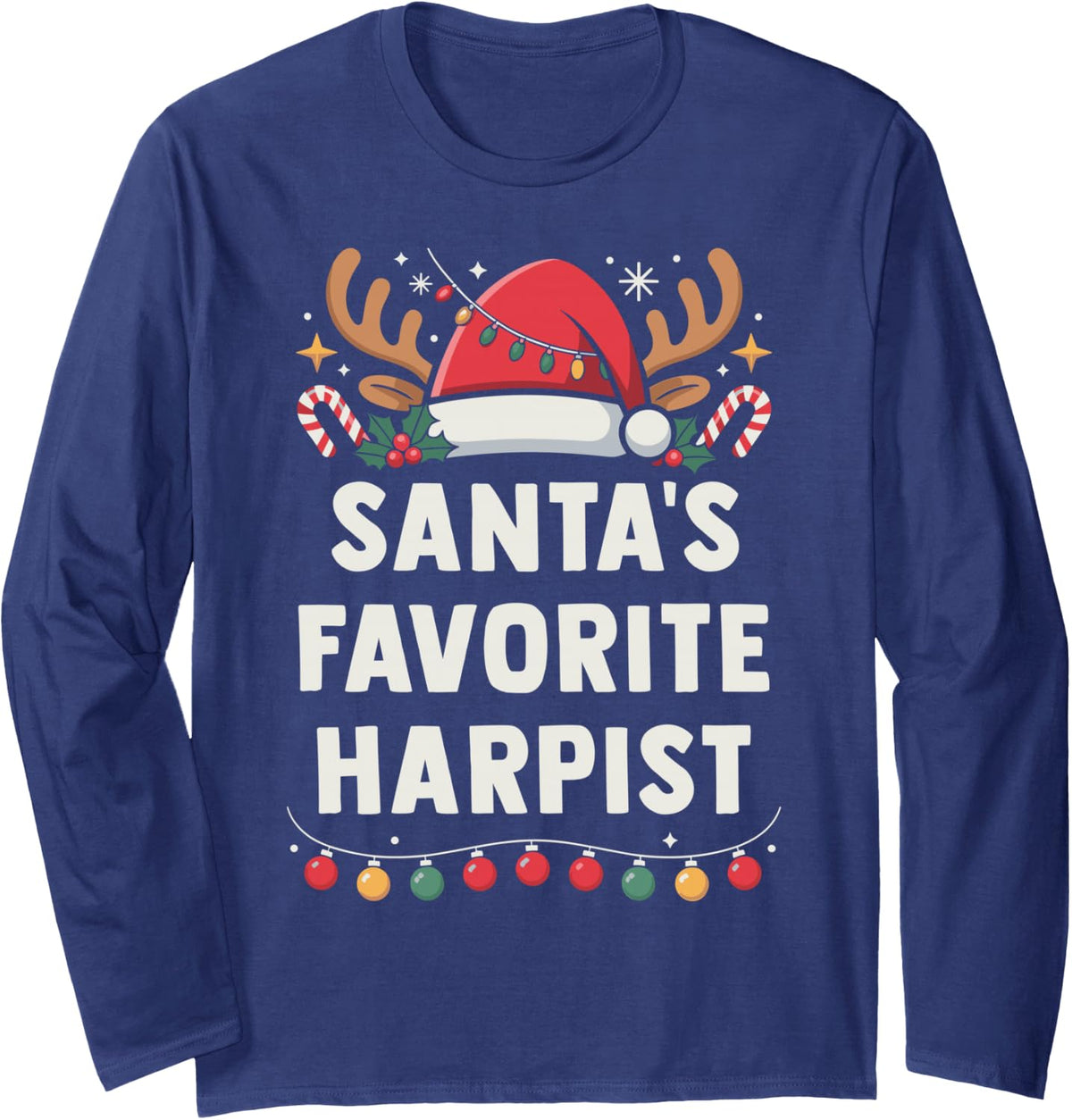 Christmas Concert Santa's Favorite Harpist Holiday Recital Long Sleeve T-Shirt - Adult Unisex Navy Blue