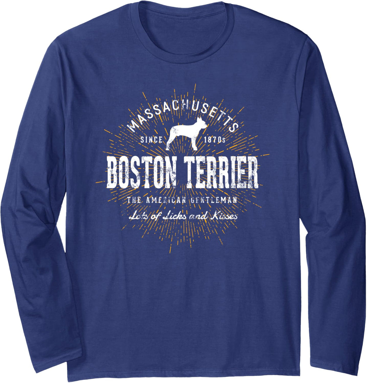 Vintage Style Retro Boston Terrier Long Sleeve T-Shirt - Adult Unisex Navy Blue