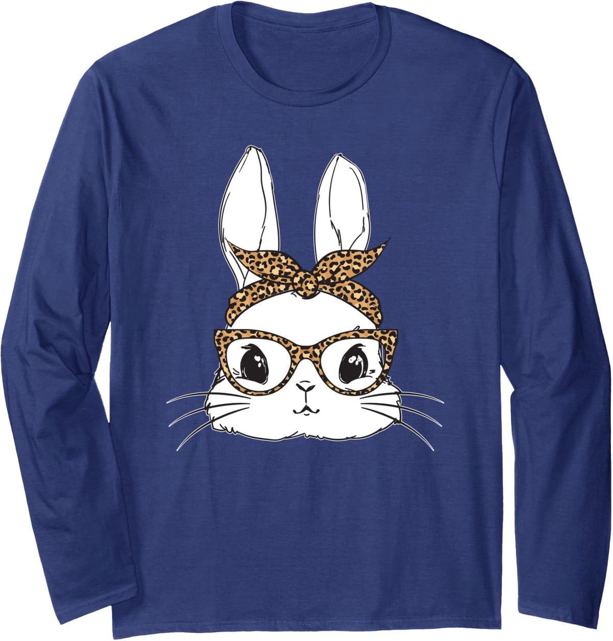 Women Easter Day Cute Bunny with Leopard Glasses Long Sleeve T-Shirt - Adult Unisex Navy Blue