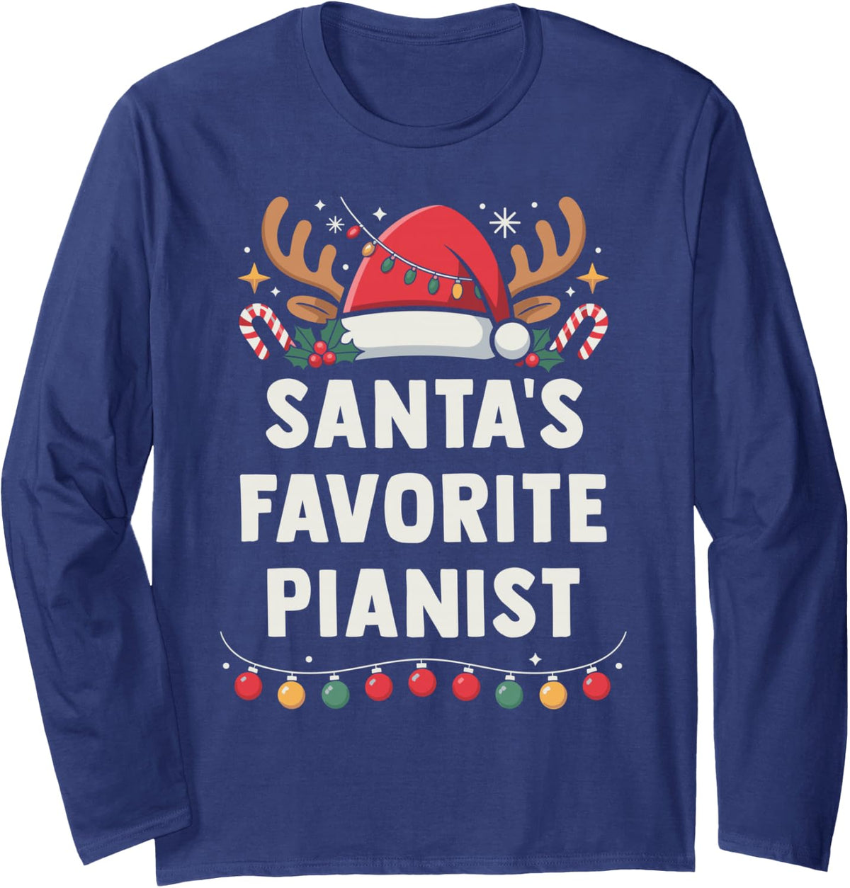 Christmas Concert Santa's Favorite Pianist Holiday Recital Long Sleeve T-Shirt - Adult Unisex Navy Blue