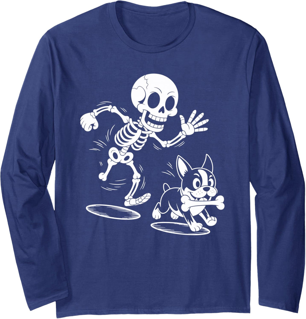 Skeleton Chasing Dog Boston Terrier Funny Halloween Long Sleeve T-Shirt - Adult Unisex Navy Blue