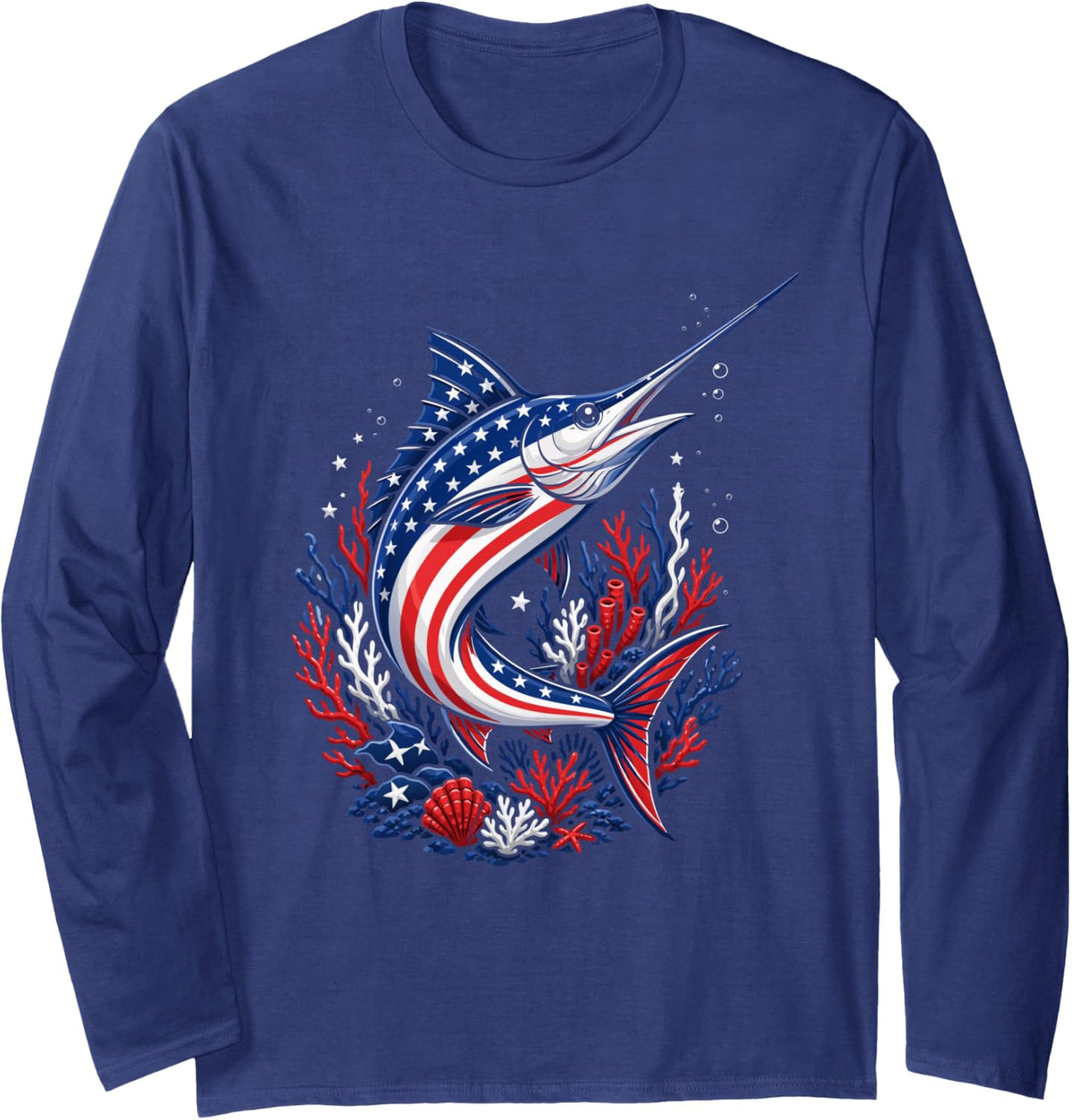 Patriotic Marlin American Angler USA Saltwater Fishing Long Sleeve T-Shirt - Adult Unisex Navy Blue