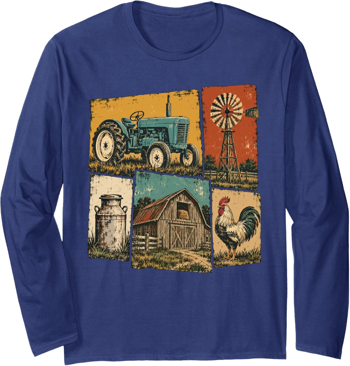 Vintage Farm Life Collage Design Tractor Windmill. Long Sleeve T-Shirt - Adult Unisex Navy Blue