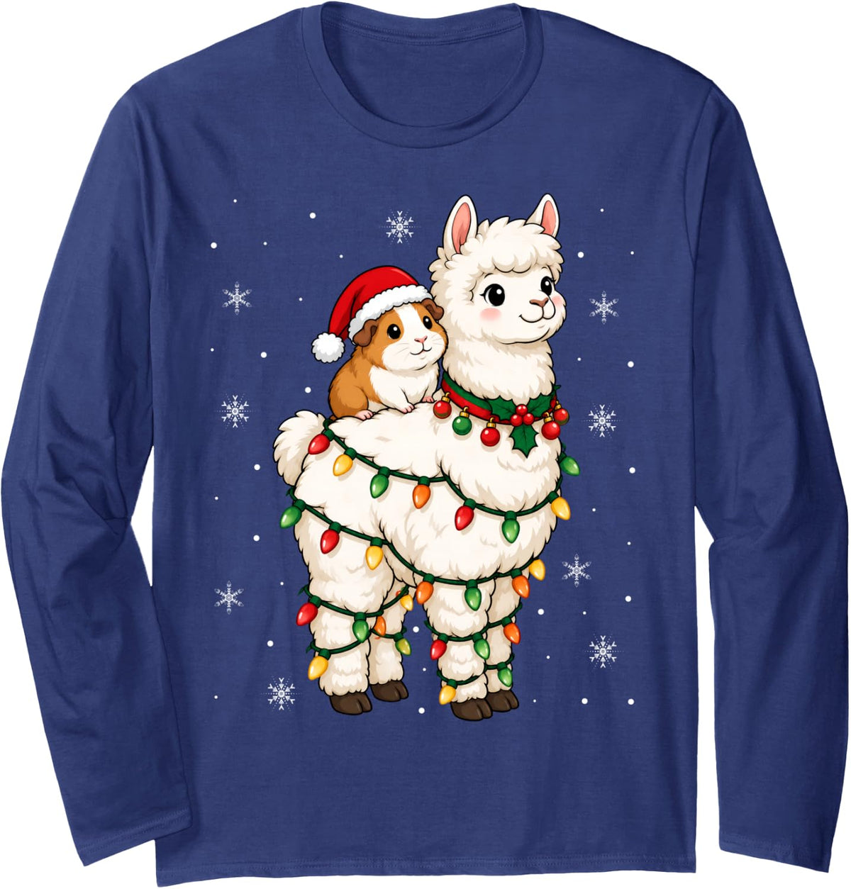 Festive Santa Guinea Pig Alpaca Christmas Lights Holiday Long Sleeve T-Shirt - Adult Unisex Navy Blue