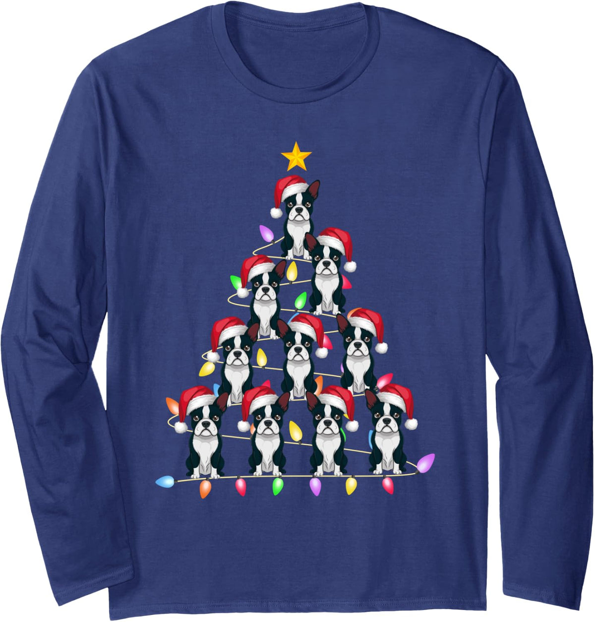 Christmas Tree Lights Men Women Santa Boston Terrier Xmas Long Sleeve T-Shirt - Adult Unisex Navy Blue