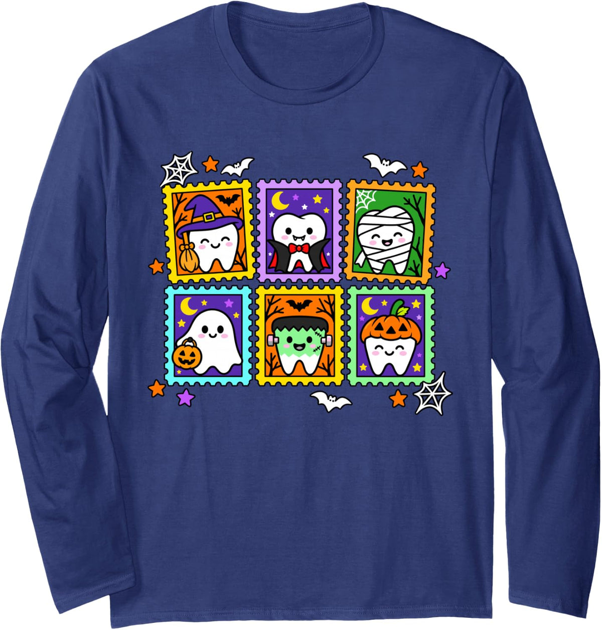 Spooky Teeth Halloween Dentist Dental Hygienist Costume Long Sleeve T-Shirt - Adult Unisex Navy Blue