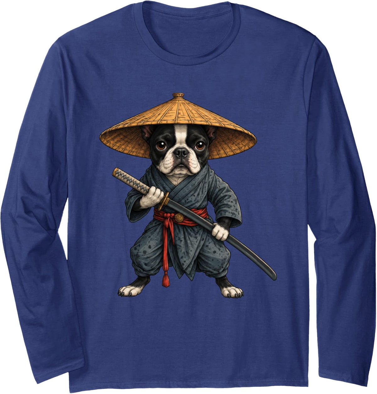 Boston Terrier Samurai Art Japanese Vintage Long Sleeve T-Shirt - Adult Unisex Navy Blue