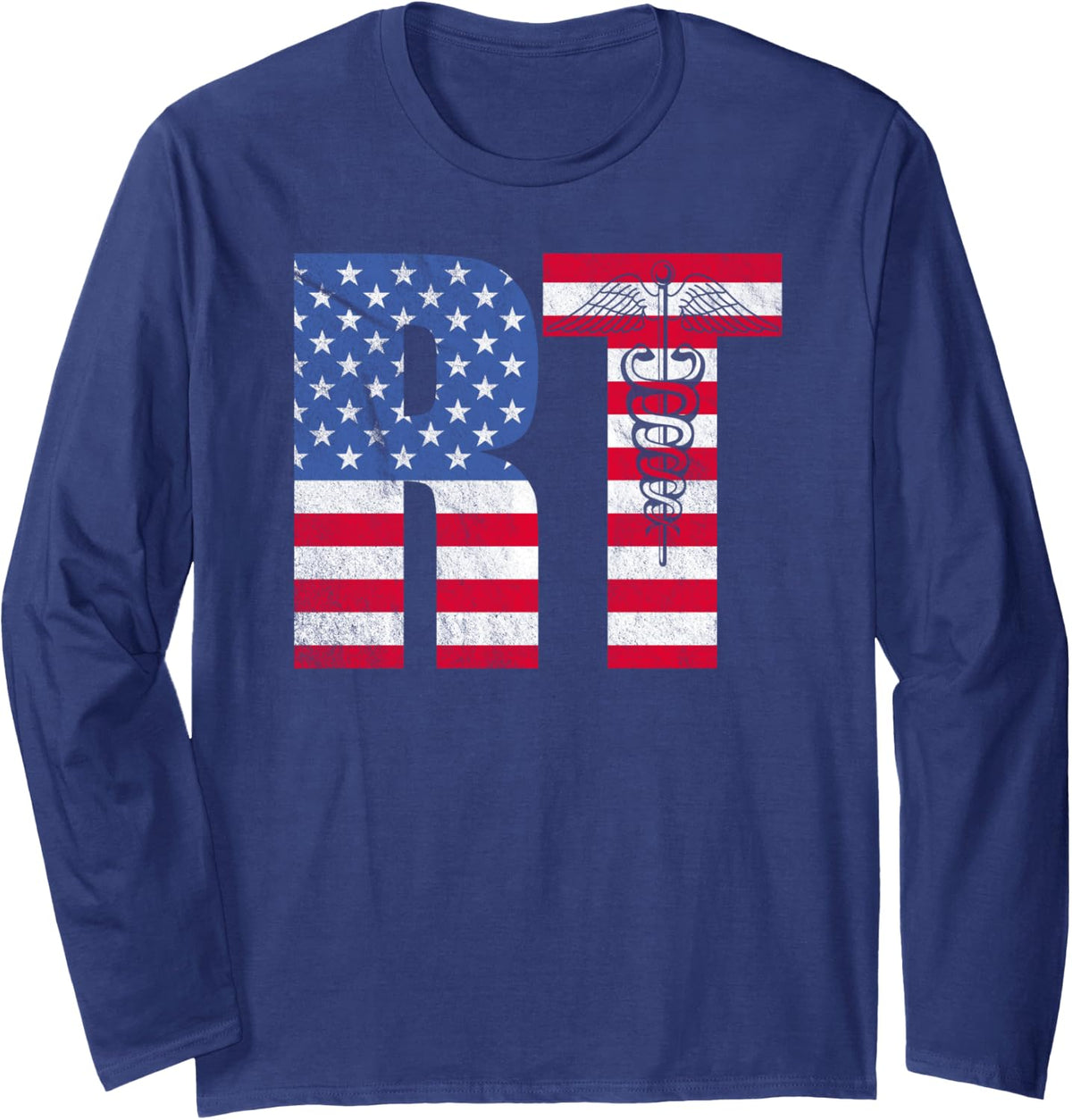 Respiratory Therapy American Flag RT Respiratory Therapist Long Sleeve T-Shirt - Adult Unisex Navy Blue
