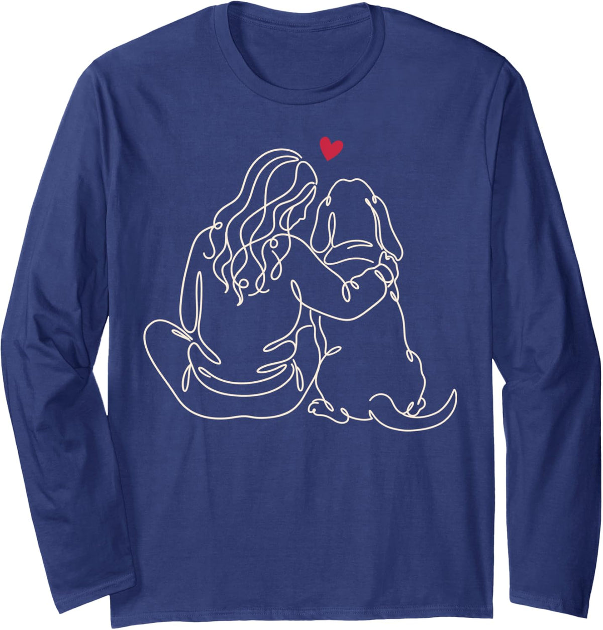Basset Hound Girl Heart Line Art Long Sleeve T-Shirt - Adult Unisex Navy Blue