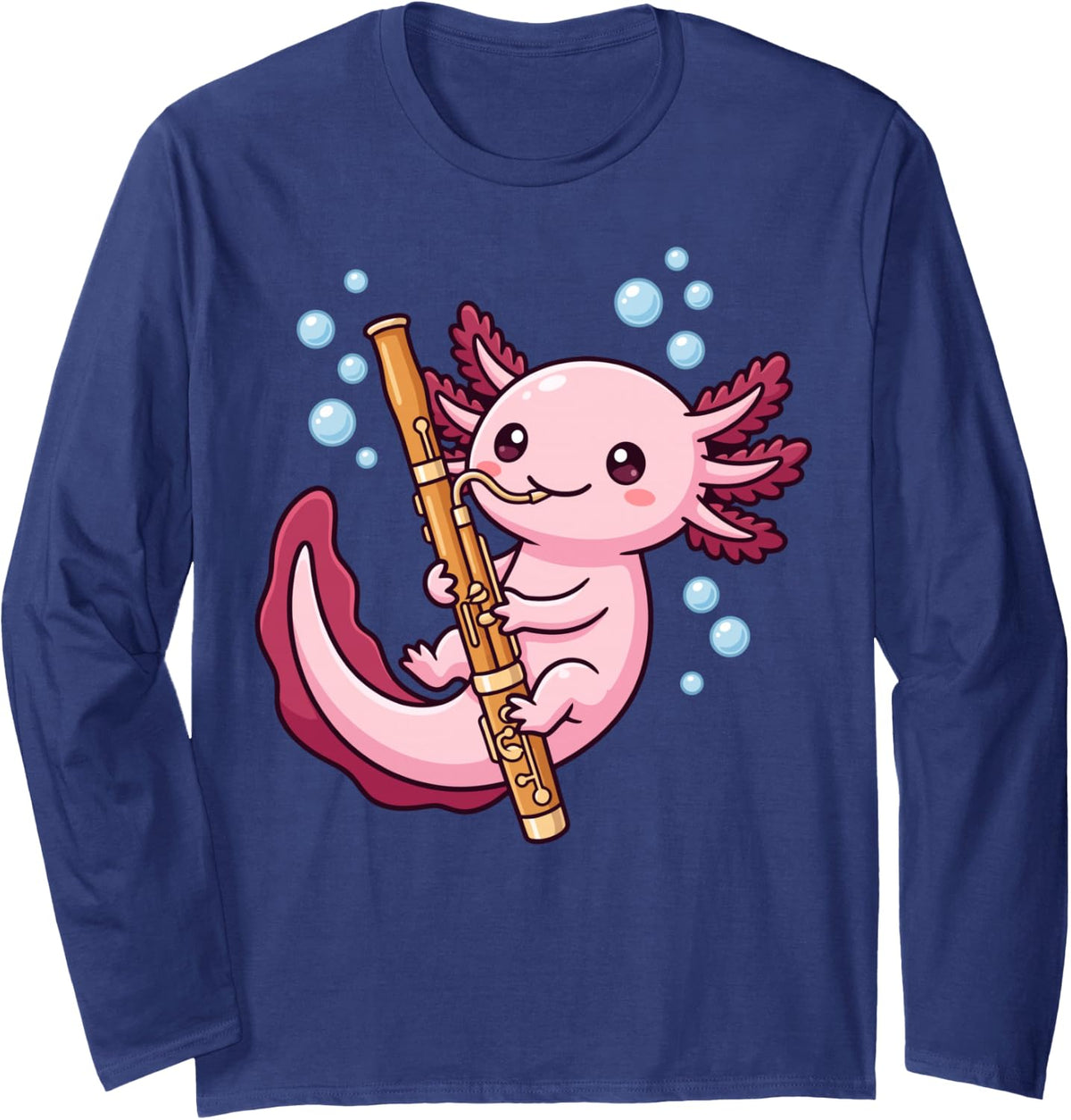 Cute Axolotl Playing Bassoon Funny Bassoonist Musician Long Sleeve T-Shirt - Adult Unisex Navy Blue
