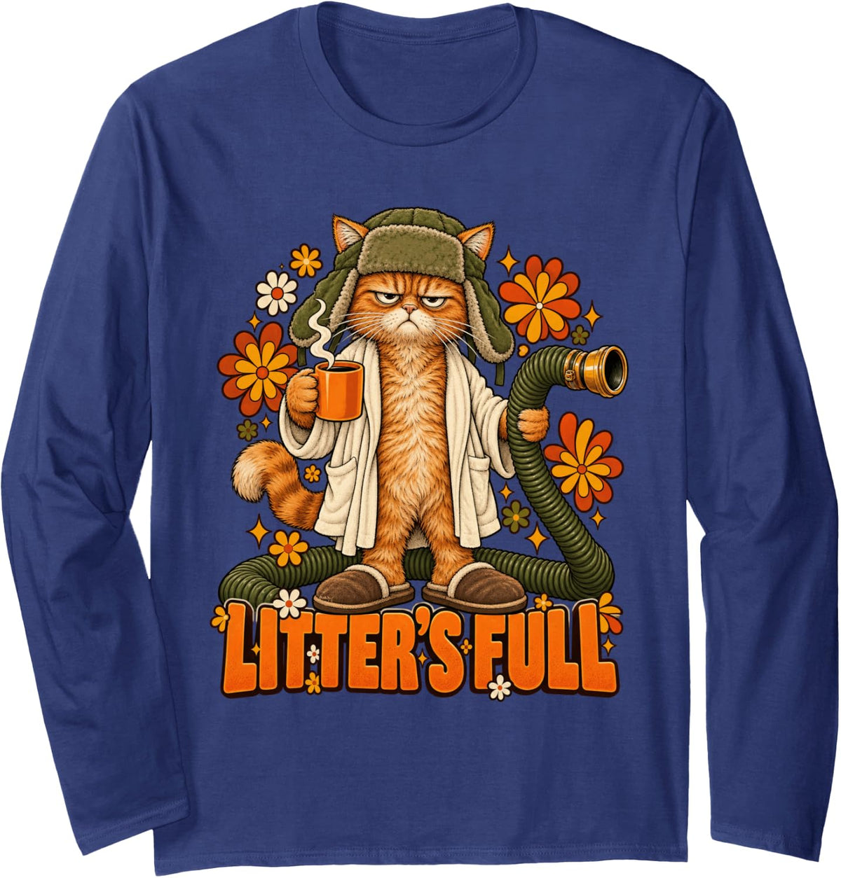Litter's Full 70s Groovy Daisy Feline Cat Christmas Xmas Long Sleeve T-Shirt - Adult Unisex Navy Blue