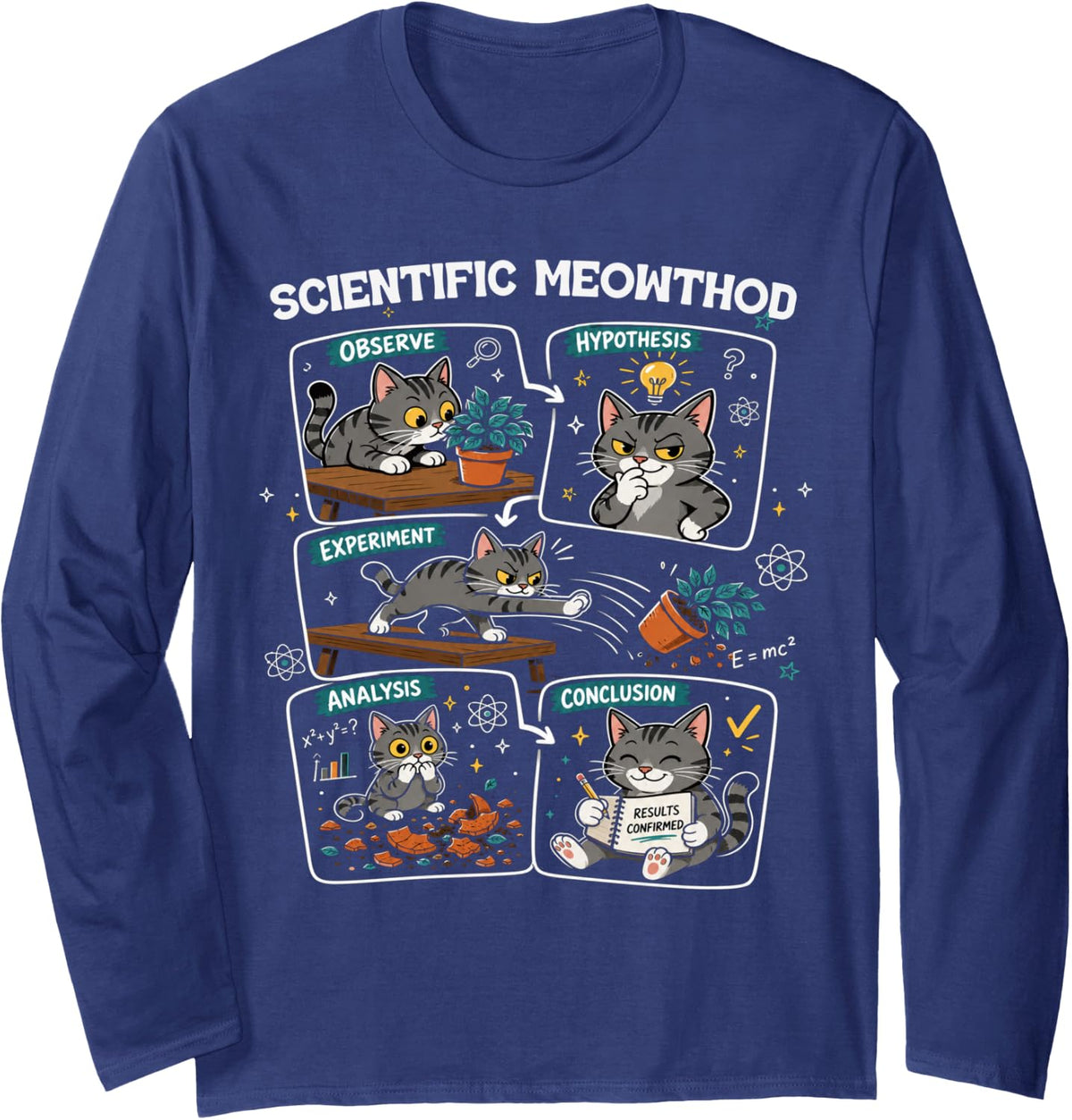 Scientific Method Meowthod Funny Cat Science Physics Teacher Long Sleeve T-Shirt - Adult Unisex Navy Blue