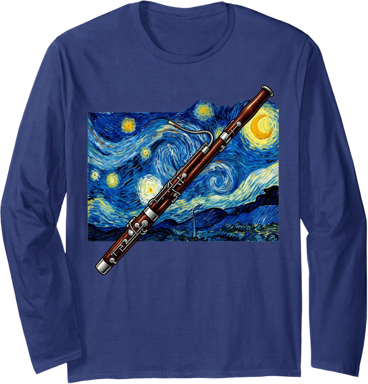 Starry Night Bassoon Art Bassoonist Orchestra Musician Long Sleeve T-Shirt - Adult Unisex Navy Blue