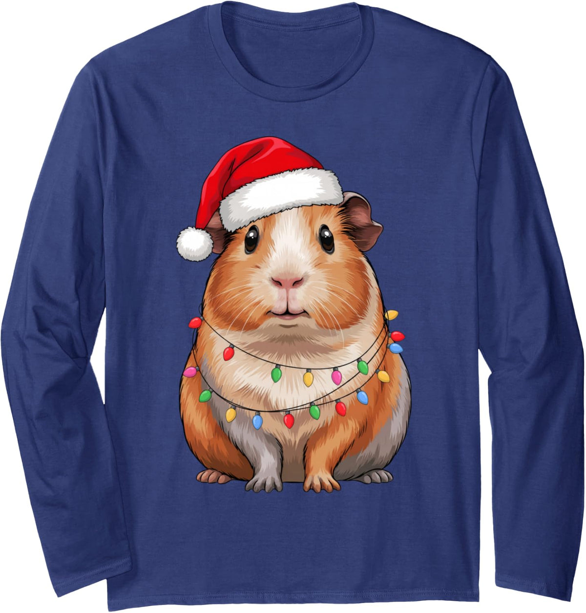 Funny Guinea Pig Lover Santa Hat Christmas Lights Squad Crew Long Sleeve T-Shirt - Adult Unisex Navy Blue