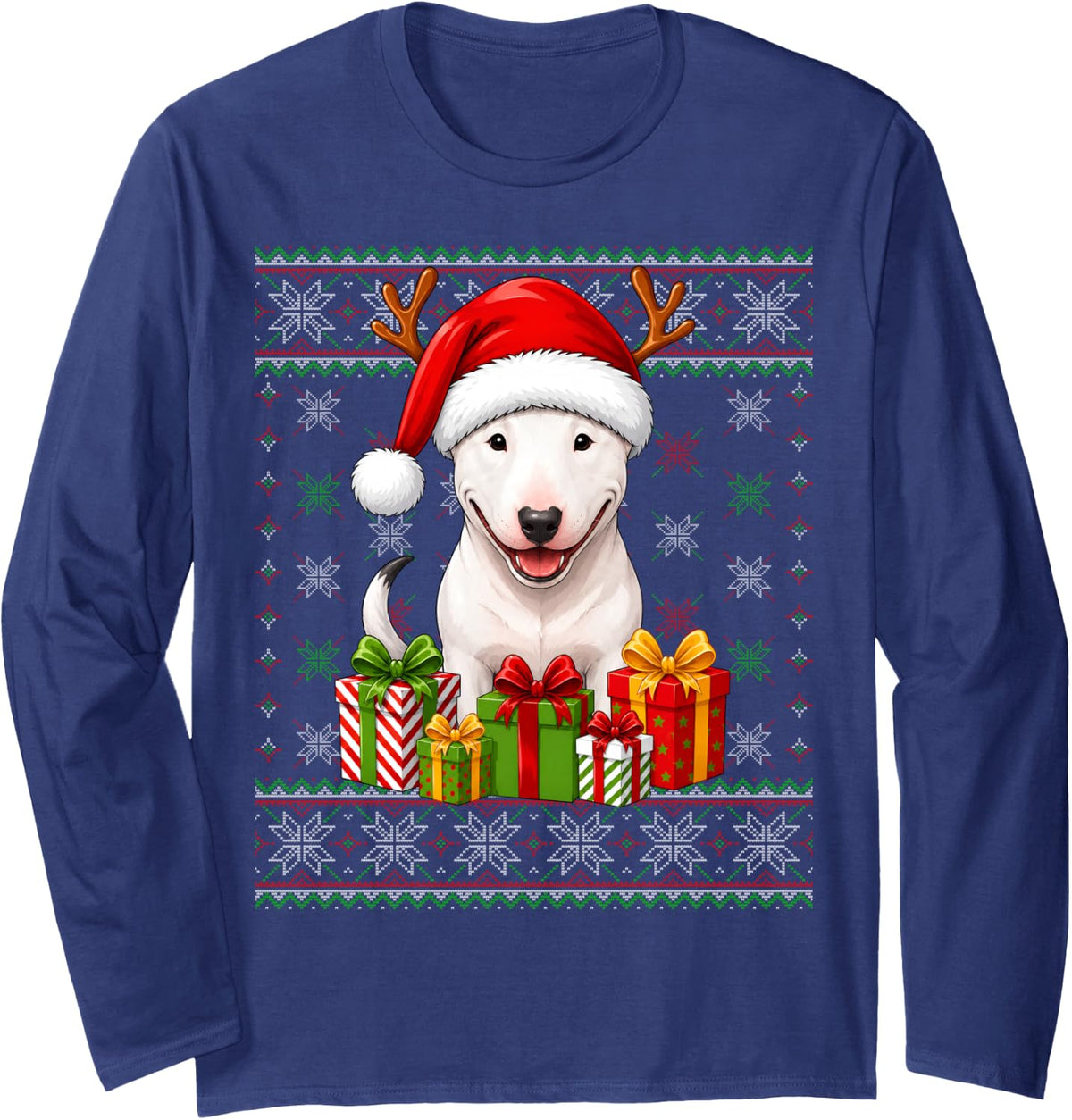 Bull Terrier Dog Christmas Ugly Sweaters Festive Pet Xmas Long Sleeve T-Shirt - Adult Unisex Navy Blue