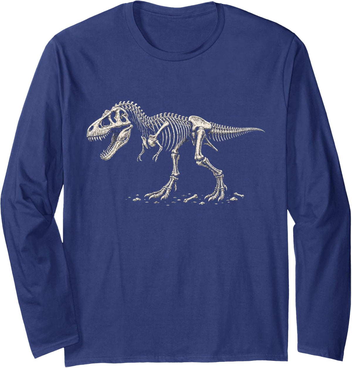T Rex Skeleton Dinosaur Fossil Engraving Style Art Graphic Long Sleeve T-Shirt - Adult Unisex Navy Blue