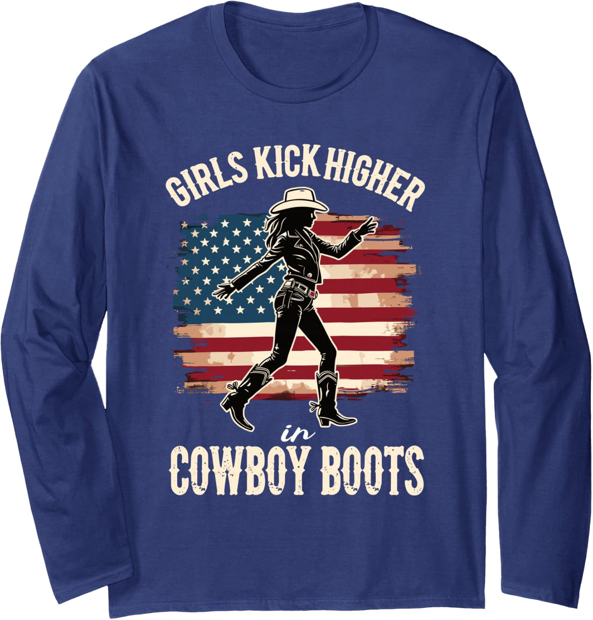 Girls Kick Higher in Cowboy Boots Line Dance Long Sleeve T-Shirt - Adult Unisex Navy Blue