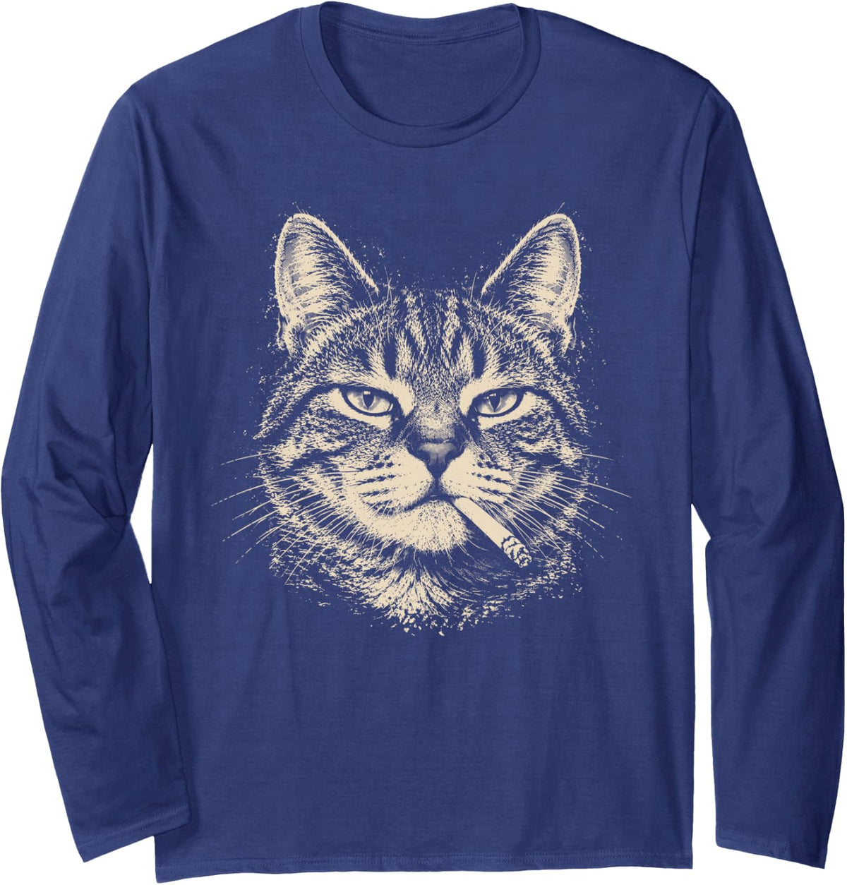 Retro Tabby Cat Smoking Cigarette Meme Vintage 80s 90s Men Long Sleeve T-Shirt - Adult Unisex Navy Blue