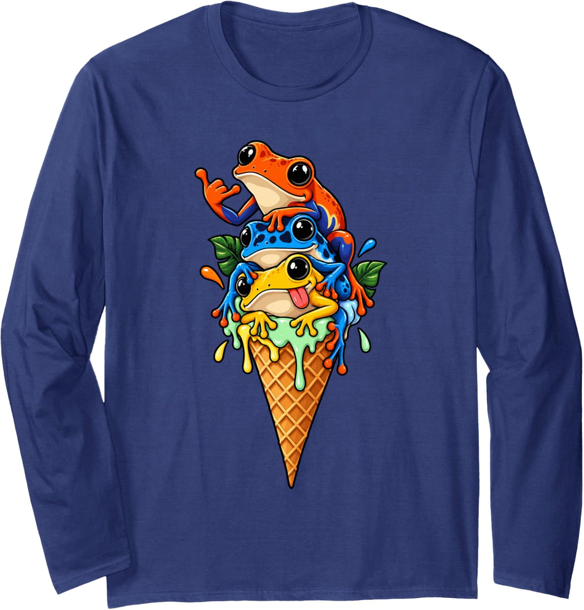 Colorful Frog Stack Ice Cream Cone Art Long Sleeve T-Shirt - Adult Unisex Navy Blue