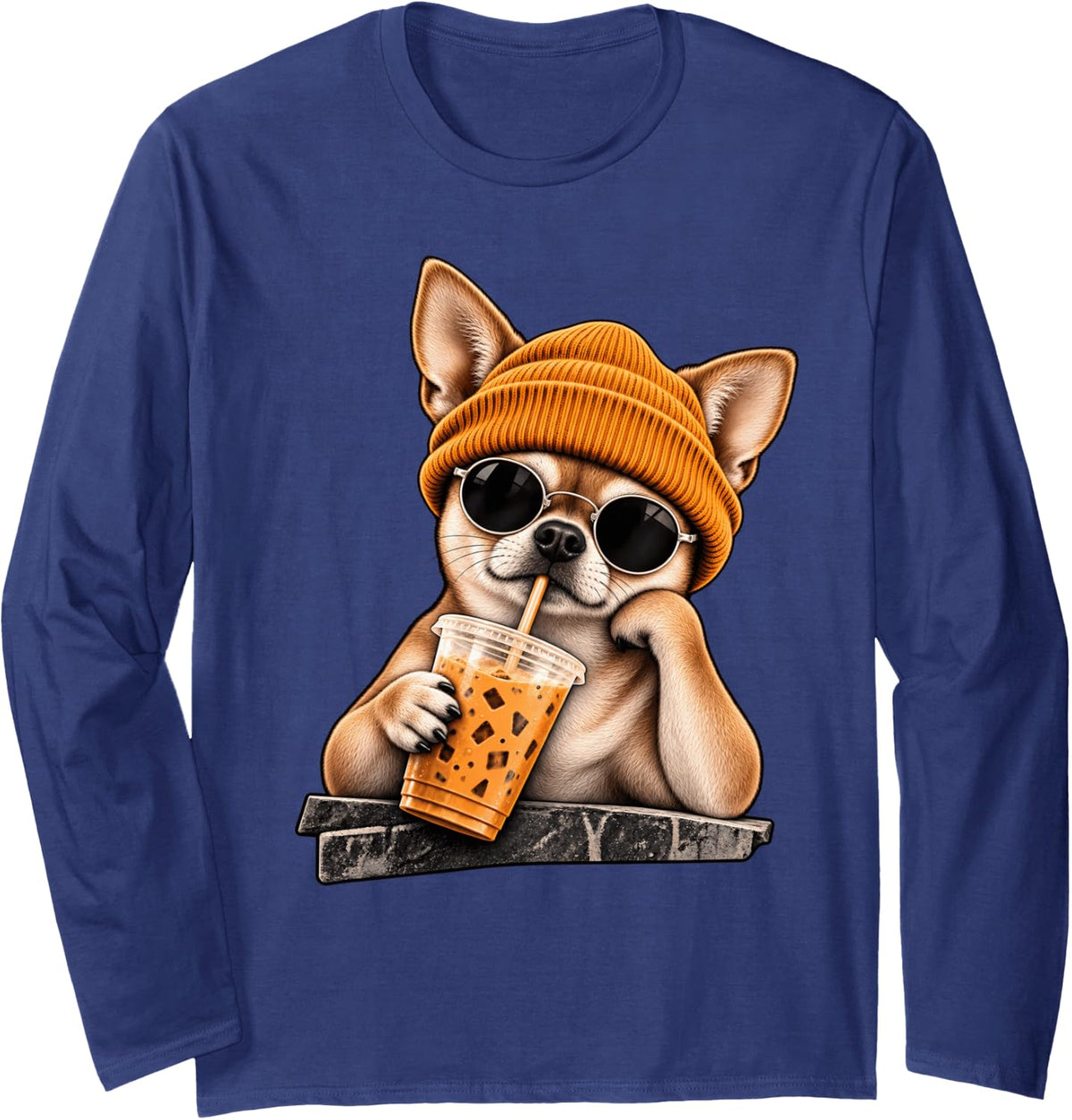 Funny Chihuahua Hipster Drinking Iced Coffee Sunglasses Long Sleeve T-Shirt - Adult Unisex Navy Blue