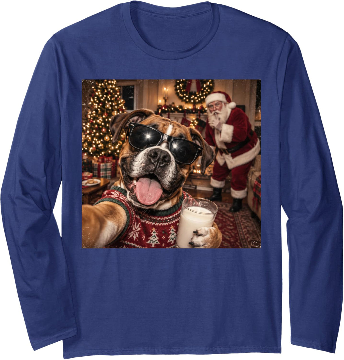 Funny Boxer Christmas Santa Selfie Dog Lover Holiday Xmas Long Sleeve T-Shirt - Adult Unisex Navy Blue