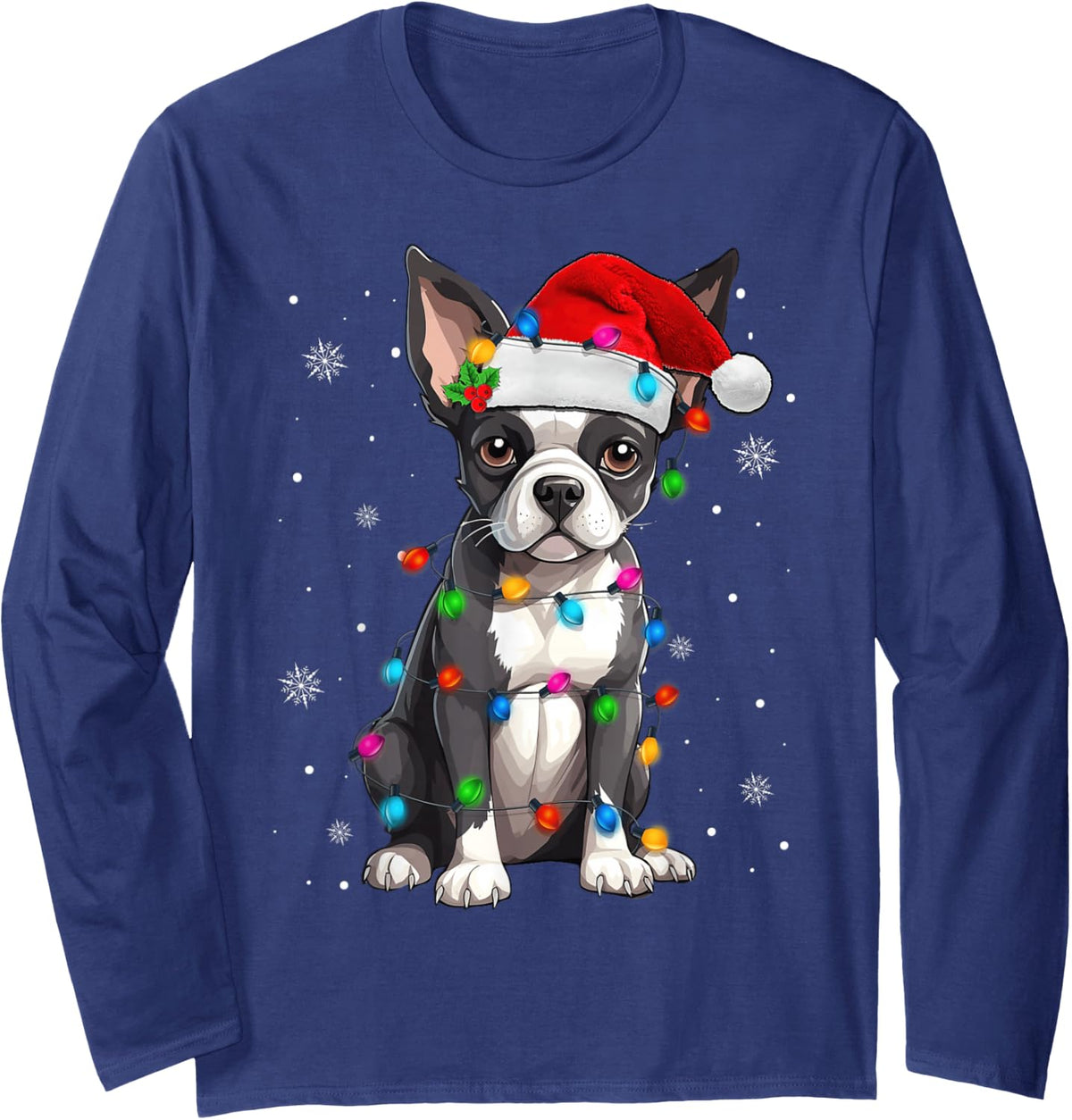 Boston Terrier Christmas Santa Hat Tree Lights Pajama Long Sleeve T-Shirt - Adult Unisex Navy Blue
