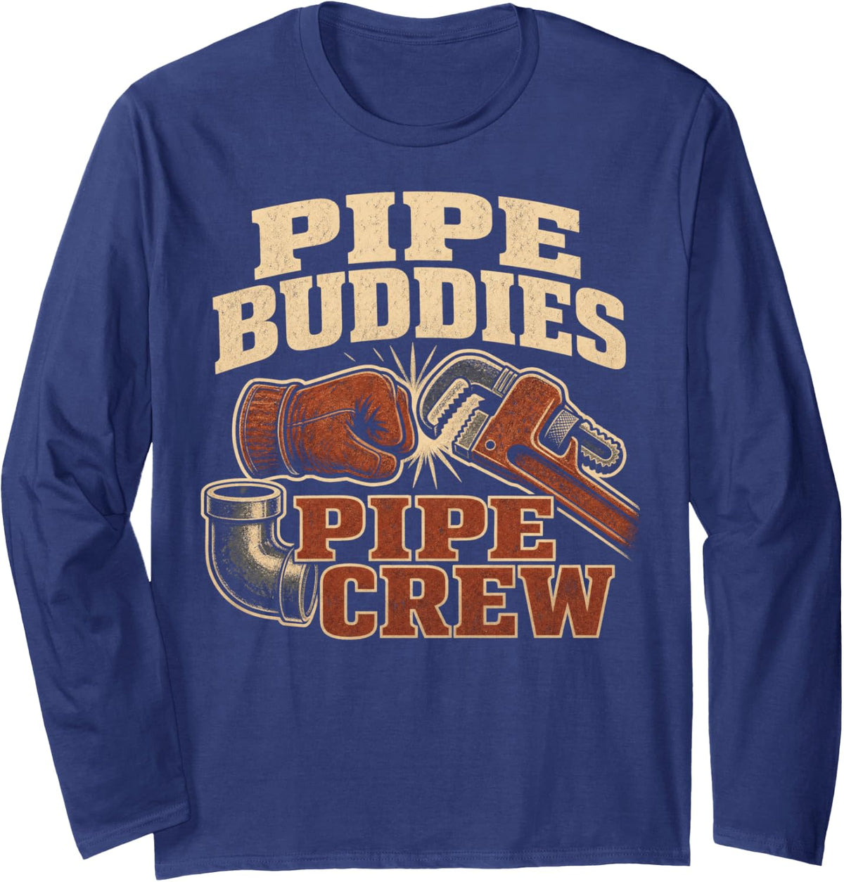 Pipe Buddies Pipe Crew Plumber Pipefitter Long Sleeve T-Shirt - Adult Unisex Navy Blue