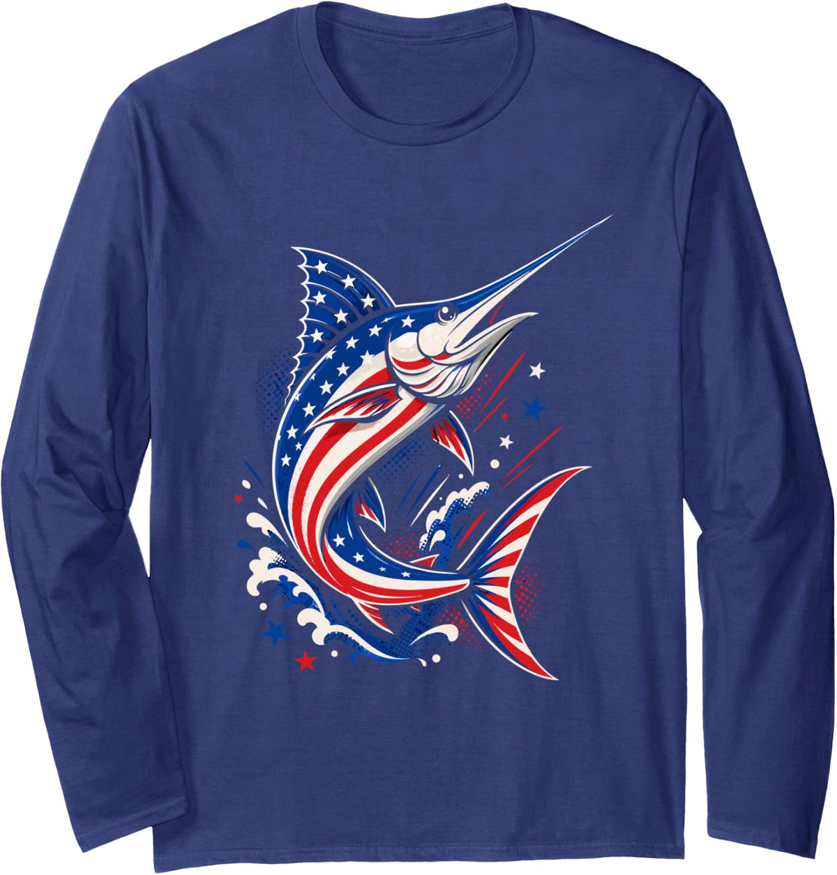 American Flag Marlin Patriotic 4th of July Fishing Long Sleeve T-Shirt - Adult Unisex Navy Blue