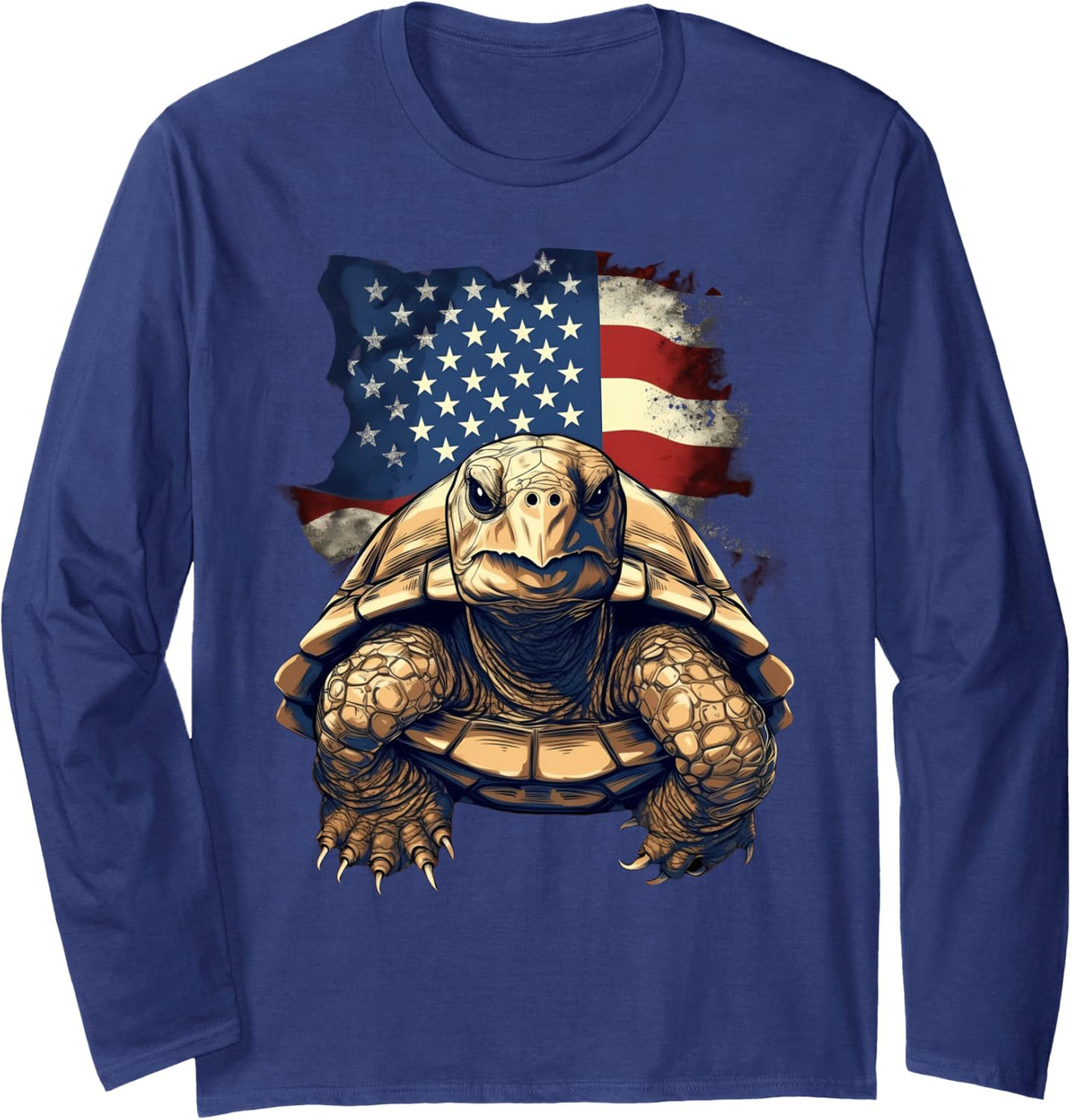 4th of July US Flag Tortoise Long Sleeve T-Shirt - Adult Unisex Navy Blue