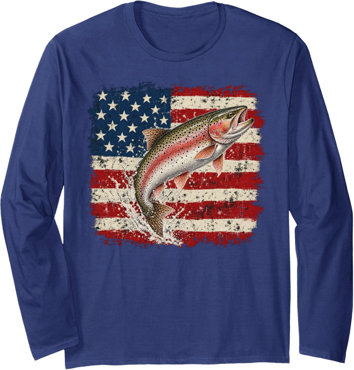 Leaping Rainbow Trout Over American Flag Long Sleeve T-Shirt - Adult Unisex Navy Blue