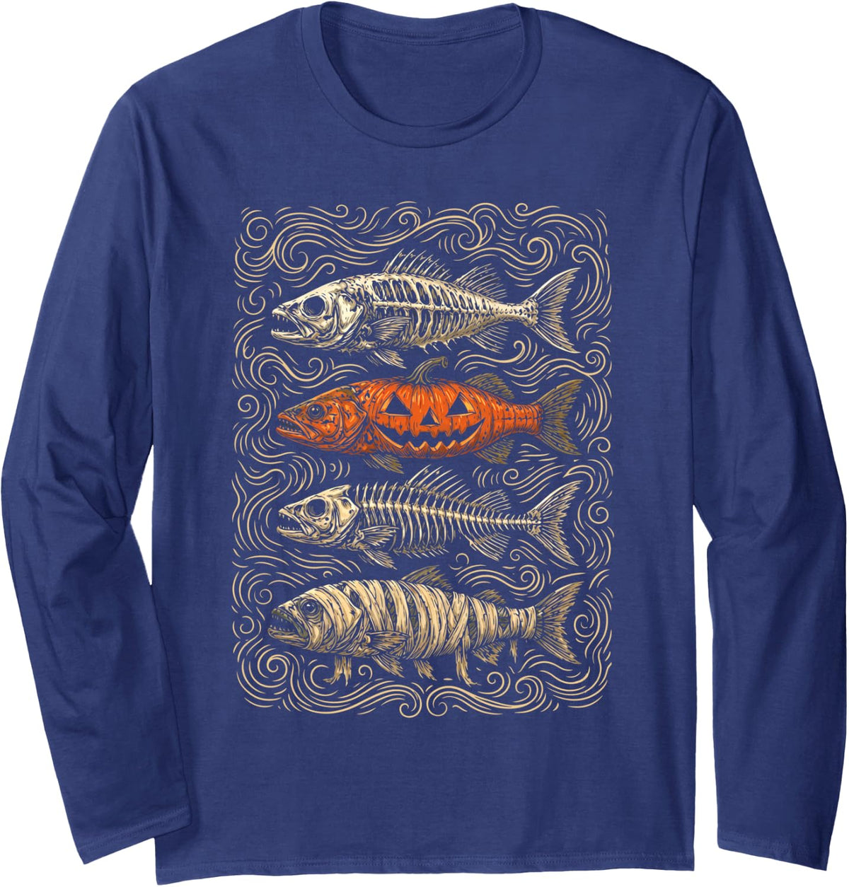 Halloween Trout Fish Ghost Pumpkin Skeleton Mummy Retro Long Sleeve T-Shirt - Adult Unisex Navy Blue
