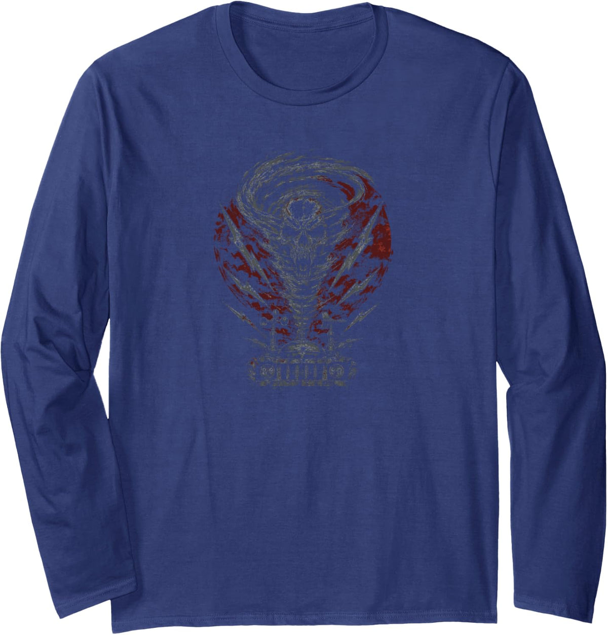 Storm Chaser Skull Gothic Industrial Art Long Sleeve T-Shirt - Adult Unisex Navy Blue