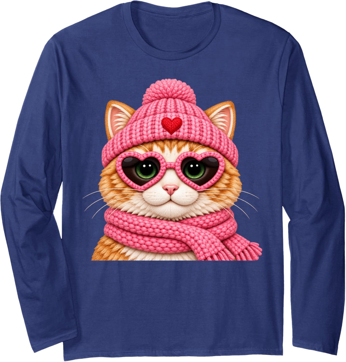 Orange Cat Pink Heart Sunglasses Cozy Winter Hat Scarf Long Sleeve T-Shirt - Adult Unisex Navy Blue