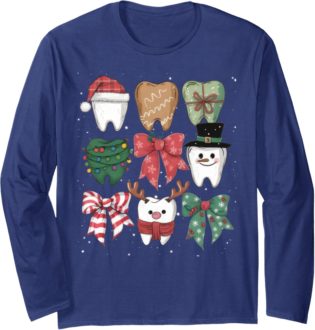 Coquette Bow Dental Christmas Dentist Teeth Dental Hygienist Long Sleeve T-Shirt - Adult Unisex Navy Blue