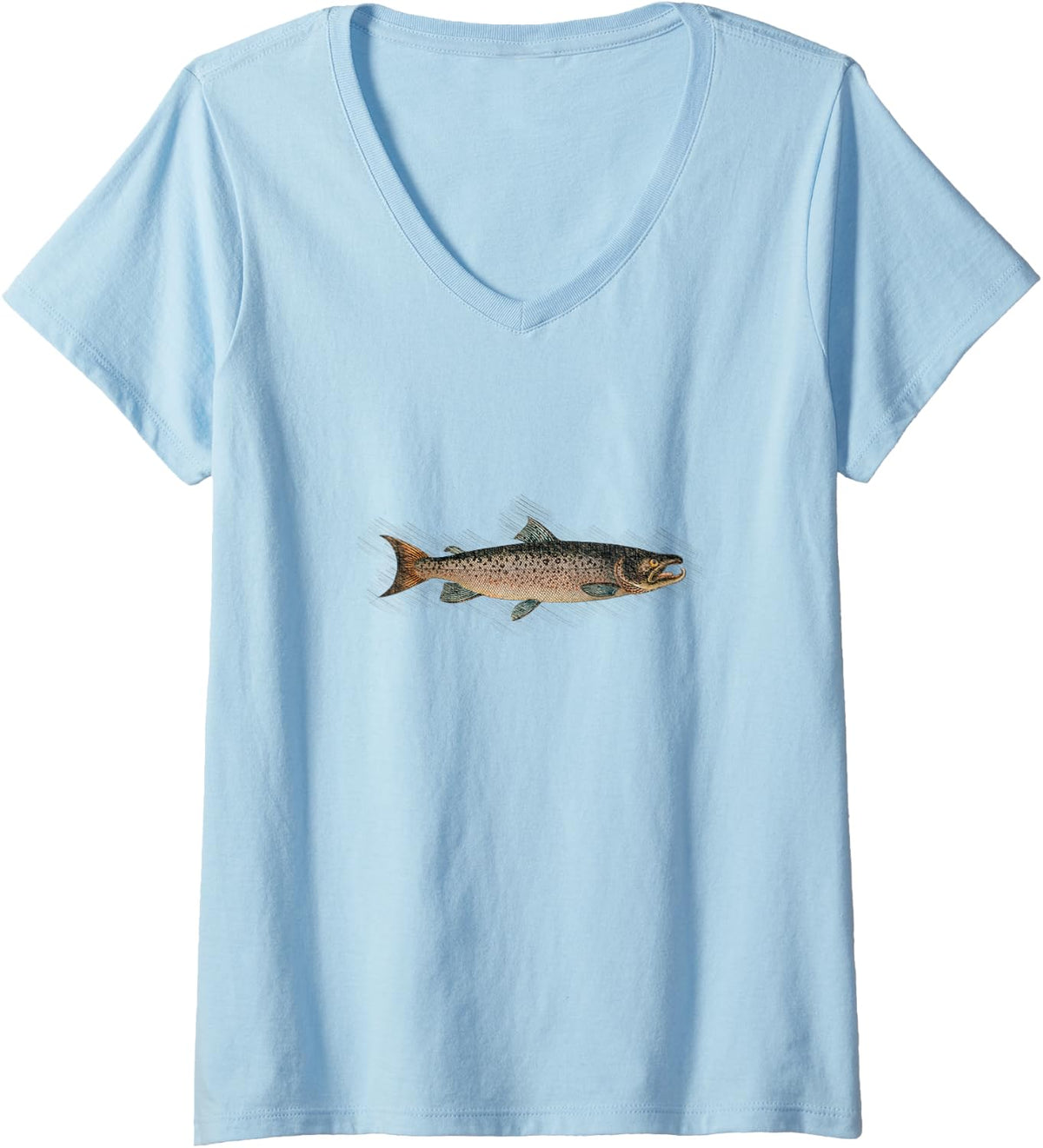 Women's Atlantic Salmon Vintage Illustration da Vinci Style Fishing V-Neck T-Shirt - Baby Blue