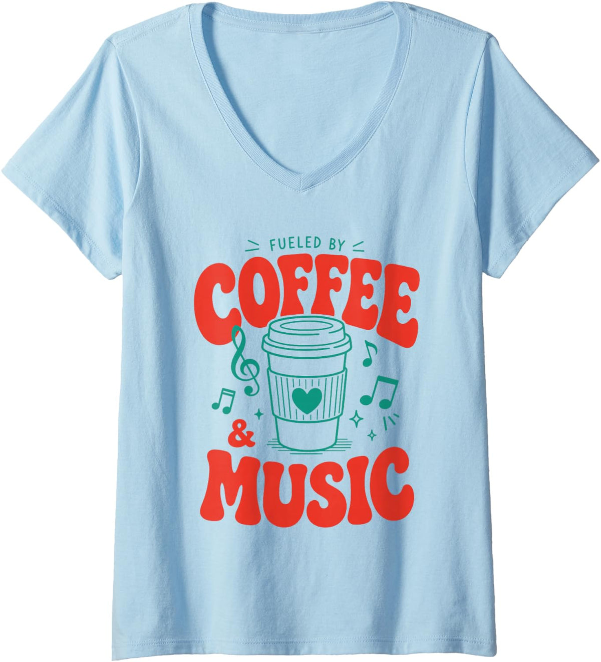 Women's Fueled By Coffee Funny Retro Music Teacher V-Neck T-Shirt - Baby Blue