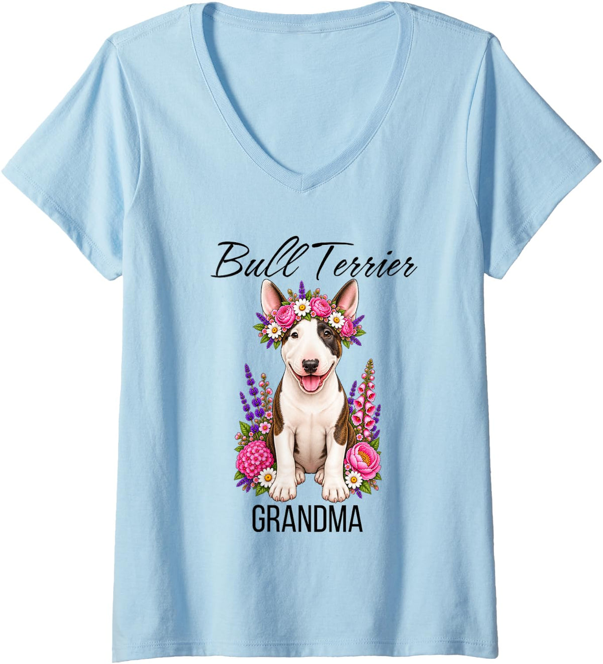 Women's Bull Terrier Grandma Cute Floral Puppy Crown Flowers Dog V-Neck T-Shirt - Baby Blue