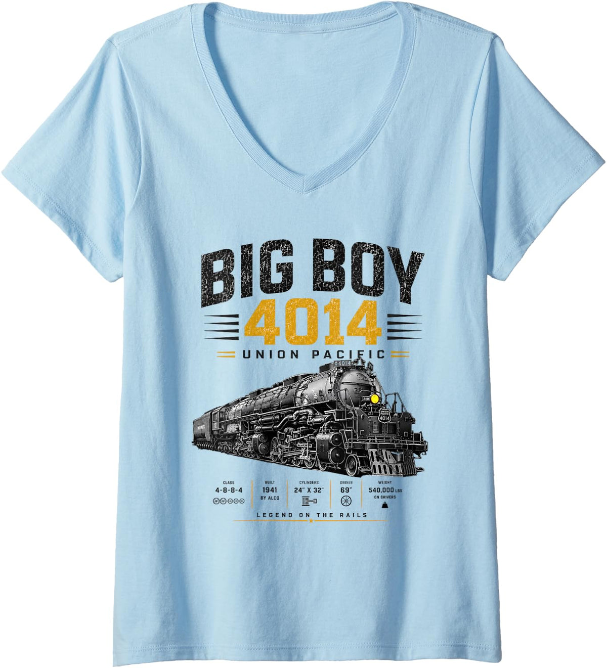 Women's Big Boy 4014 Steam Train Vintage Railroad Locomotive V-Neck T-Shirt - Baby Blue