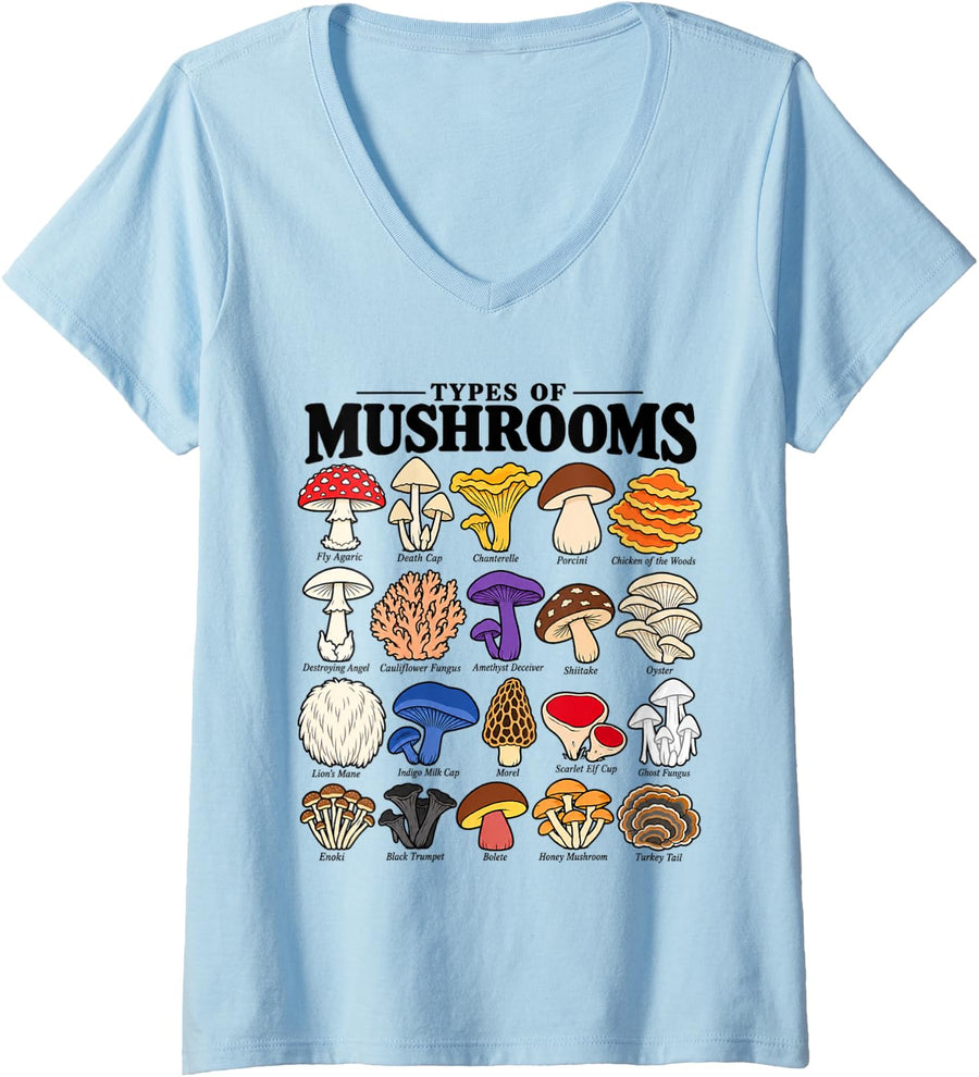 Women's Types of Mushrooms Chart Mycology Fungi Identification V-Neck T-Shirt - Baby Blue