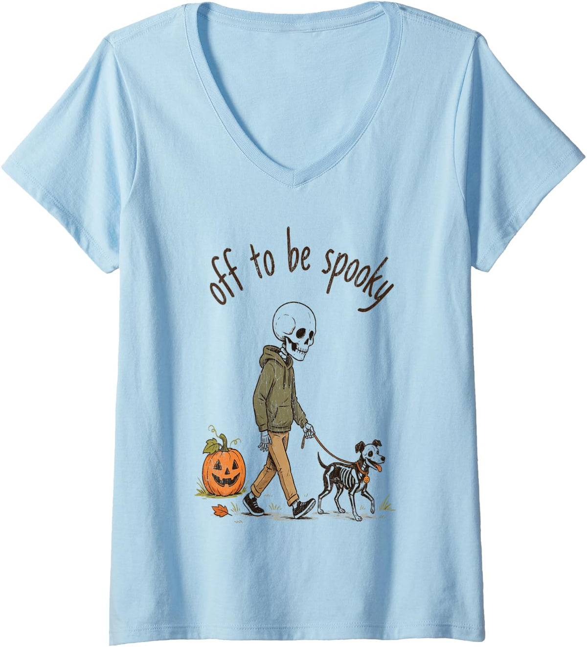 Women's of to be Spooky Season Halloween Vibes Skeleton Pumpkin Dog V-Neck T-Shirt - Baby Blue