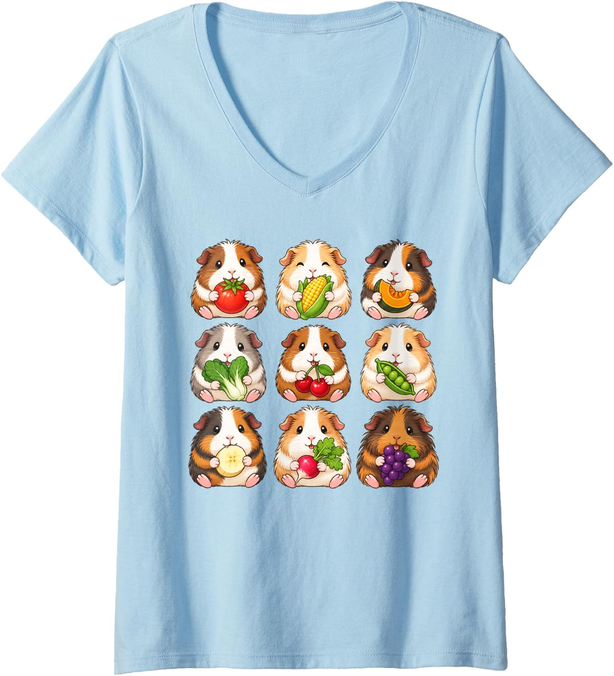 Women's Guinea Pig Kawaii Snack Grid Rodent Pet Animal Lover V-Neck T-Shirt - Baby Blue