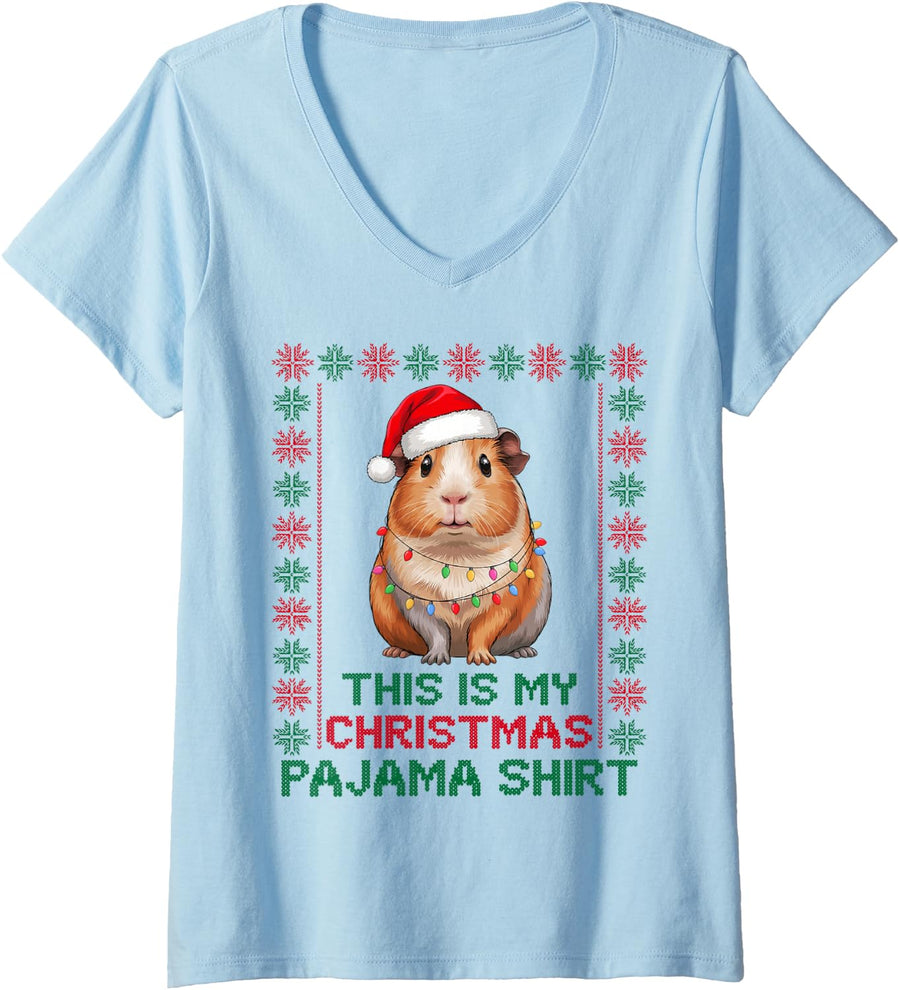 Women's Funny Guinea Pig Lover Santa Hat Ugly Christmas Pajama Crew V-Neck T-Shirt - Baby Blue
