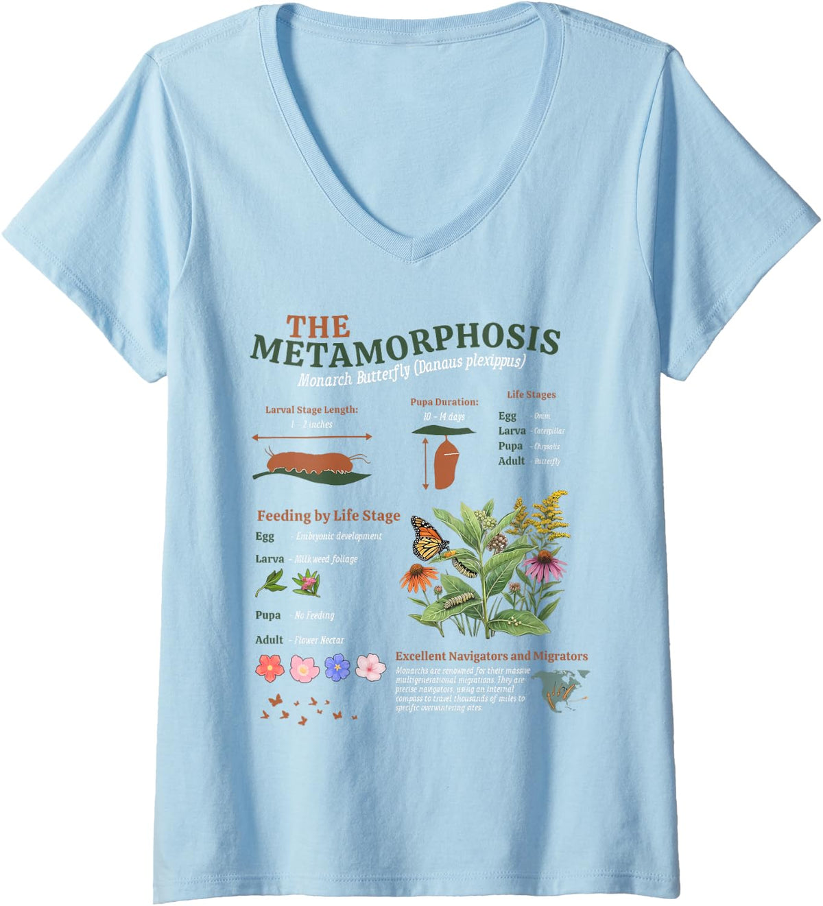 Women's Vintage Monarch Butterfly Metamorphosis Entomology Biology V-Neck T-Shirt - Baby Blue