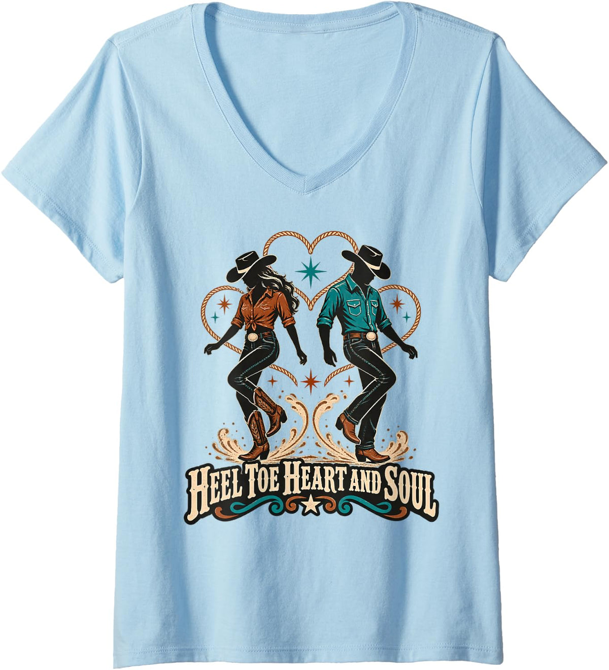 Women's Heel Toe Heart and Soul Country Line Dance V-Neck T-Shirt - Baby Blue