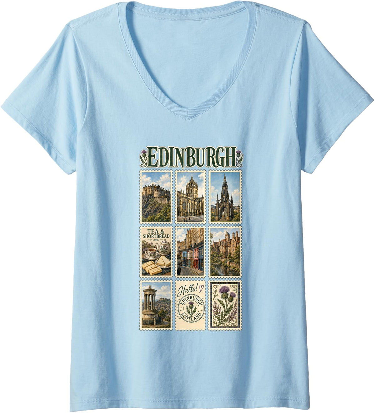 Women's Edinburgh Scotland Travel Vintage Scottish Heritage Vacation V-Neck T-Shirt - Baby Blue